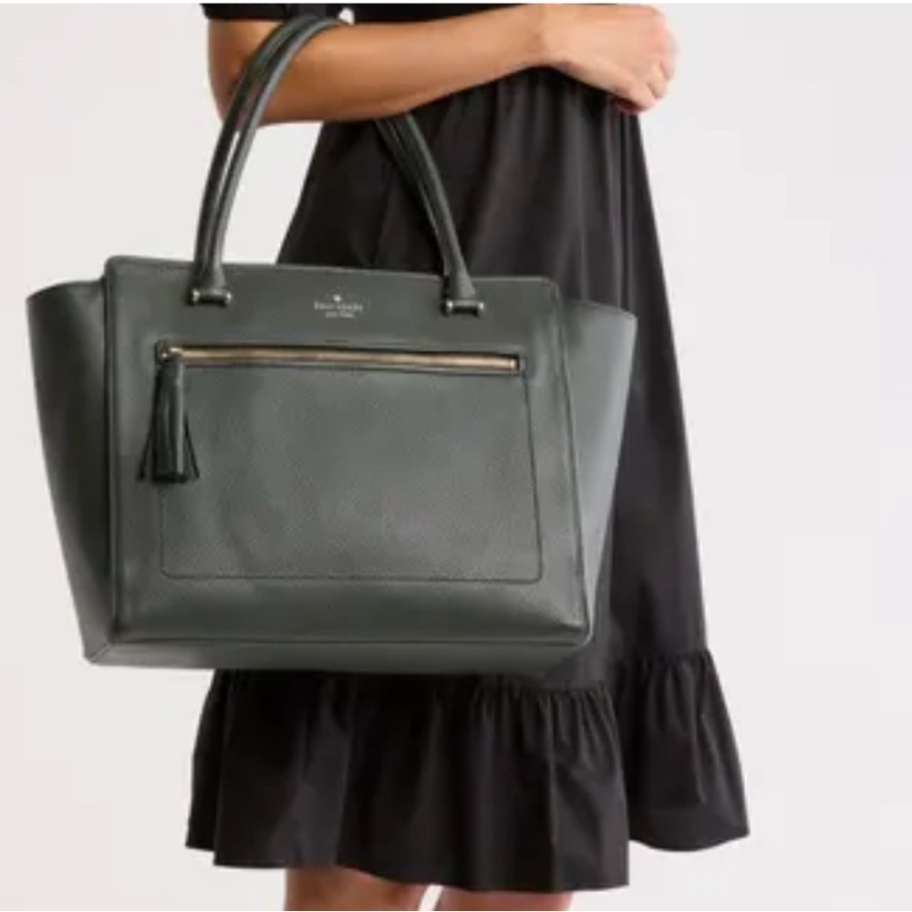 Kate Spade Allyn pebbled green Leather Tote large bag  gold hardware pink lining